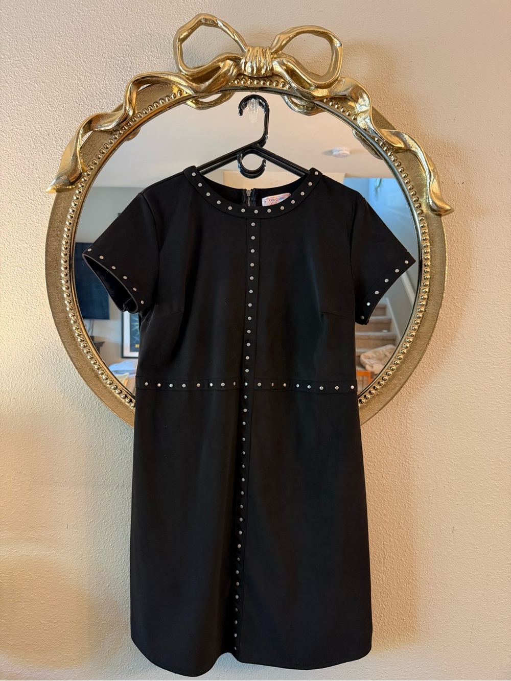 Black Studded Short-Sleeve Suede Feel w/ Rivets Shift Dress